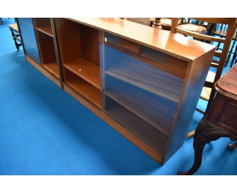 Two vintage low bookcases, labelled Glenaire, each approx H84 and D30cm, widths 107 and 137cm
