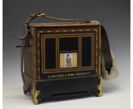 Rare early 20th Century American inlaid oak and ebonised barrel organ musical box, G.Molinari &amp; Sons Brooklyn, New York, 