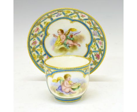 Sevres cabinet cup and saucer, each piece having a bleu céleste and gilt lattice design interspersed with foliate sprays and 