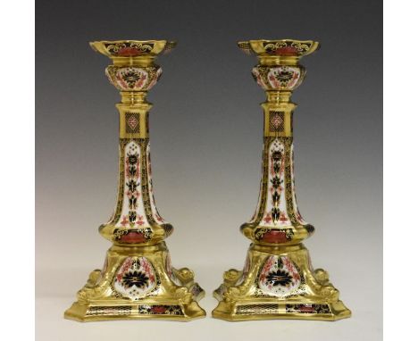 Pair of Royal Crown Derby candlesticks, decorated in the Imari palette, printed marks and date code for 1980, 26.5cm high   C