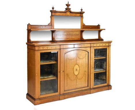 Late 19th Century inlaid satinwood credenza or side cabinet, the superstructure having urn finials, inlaid friezes and bevell