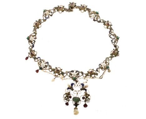 Austro-Hungarian stone set and enamel decorated necklace, 40cm long, the pendant drops with putti figures   Condition: Loss o