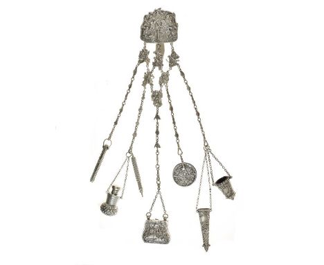 Late Victorian silver chatelaine, by L. Emmanuel, Birmingham 1890, the five suspensions with a penknife/button hook, a propel