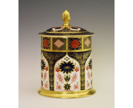 Royal Crown Derby cylindrical jar and cover, decorated in the Imari palette, red printed marks and date code for 2011, 19cm h