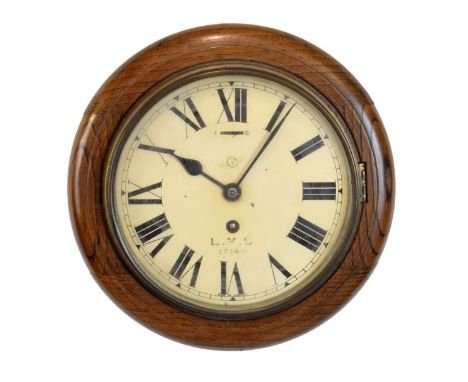 Railway Interest - Early 20th Century oak wall clock, the 8" cream Roman dial inscribed L.M.S 1714, with single-train timepie