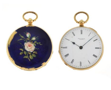Malignon, Genève - Fob watch, stamped '18k', white enamel dial with black Roman numerals and hands, case back enamelled with 