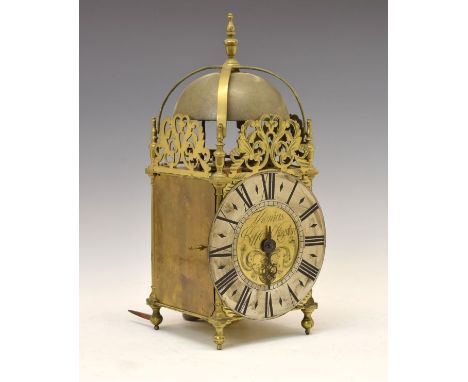 18th Century brass lantern clock, Thomas Kefford, Royston (Hertfordshire), the silvered Roman chapter ring with inner quarter