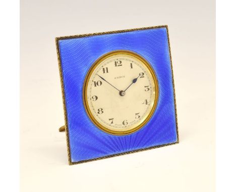 George V silver and blue enamel easel desk or dressing table clock, the dial with Arabic numerals, sponsors mark of Walker &a