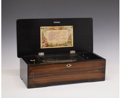 Late 19th Century inlaid rosewood cylindrical musical box, the 16cm barrel and complete comb playing eight airs, numbered 323