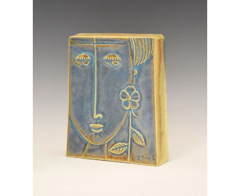 Stig Lindberg for Gustavsberg, - Stoneware relief plaque/block decorated with the head of a young lady, the reverse with scri