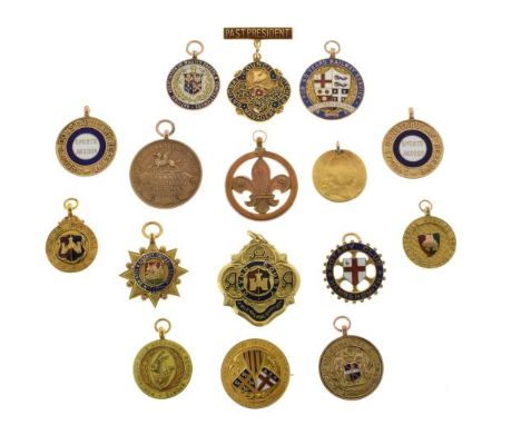 Collection of fifteen 9ct gold fob medallions, mostly with enamelled decoration and covering various sports, associations and