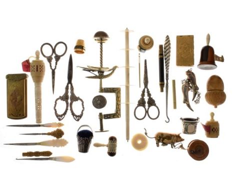Collection of mainly late 19th and early 20th Century sewing requisites, including; tape measures, bobbin cases, scissors, pi