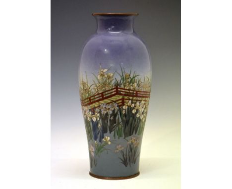 Japanese cloisonné baluster shaped vase, Meiji period decorated with a wooden footbridge amongst irises on a mauve and grey g