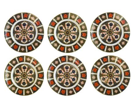 Six Royal Crown Derby plates, each decorated in the Imari palette, printed marks and date code for 1997, 22cm diameter   Cond