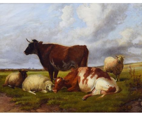 Follower of Thomas Sidney Cooper (1803-1902), - Oil on canvas - Landscape with cattle and sheep, unsigned, 34cm x 44cm, the g
