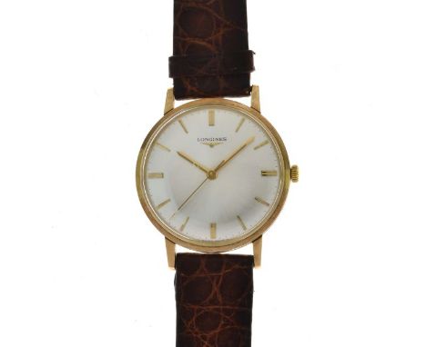 Longines, - Gentleman's 9ct gold manual wind wristwatch, signed silvered dial with gilt central seconds, hour and minute hand