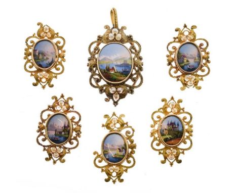 Collection of six Swiss enamel topographical panels, in mounts with pearl (untested and unwarranted) points, in a period case