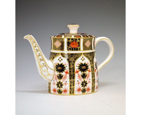 Royal Crown Derby oval teapot, of tapered form, decorated in the Imari palette, printed marks and date code for 1980, 18.5cm 