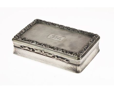 William IV engine turned silver rectangular snuff box, the hinged cover having an oak leaf and acorn border, the underside of