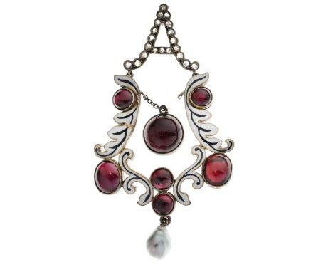 Garnet, rose diamond and enamel pendant, the rose diamond set A shaped surmount to enamel scrolls with cabochon points, pearl