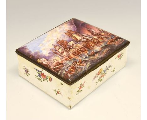 George III enamel box, the hinged cover fully decorated with a sea battle, the sides and underside with foliate sprays, 18.5c