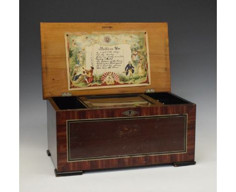 Early 20th Century Swiss 'Bells in Sight' cylinder musical box, with 15.5cm barrel and complete comb beneath three bells each