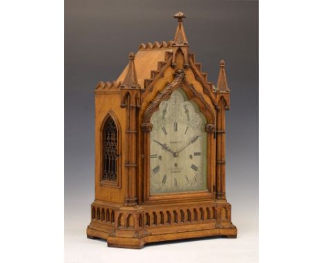 Victorian Gothic Revival golden oak-cased triple fusee bracket or table clock, Bennett, 65 &amp; 64 Cheapside, London, the pe