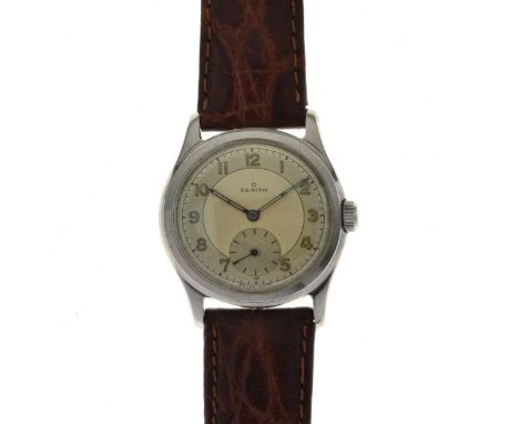Zenith, - Midsize stainless steel manual wind wristwatch with silvered dial having minute track and subsidiary seconds dial, 