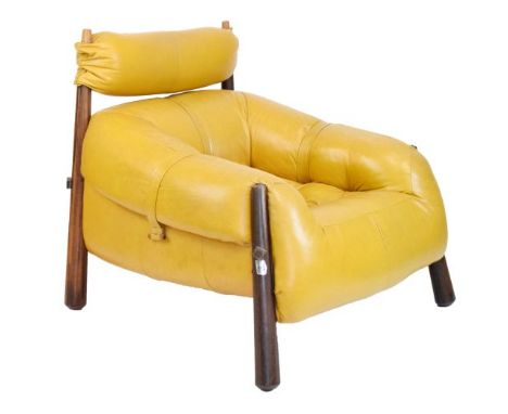 Modern Design - Percival Lafer (Brazilian) circa 1970s rosewood and yellow leather easy chair with padded back rest over deep