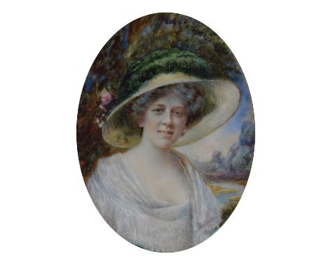 Frank Watson (Early 20th Century), - Oval watercolour miniature - Portrait of Mrs Peggy Whitby, signed, titled and dated 1910