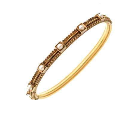 Victorian gold hinged bangle, unmarked, circa 1875, the beaded frontispiece punctuated with five split pearls, internal diame