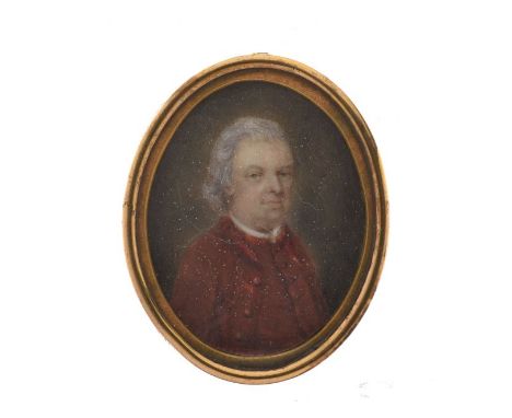 Late 18th/early 19th Century English School, - Oval miniature - Portrait of a gentleman wearing a red jacket, verso with late