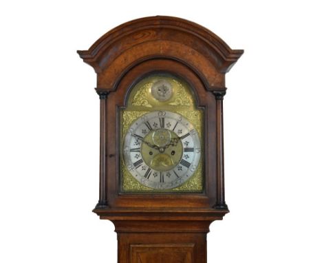 George III inlaid oak-cased eight day brass dial longcase clock, Willis, Harthill, circa 1775, the 12" break-arched brass dia