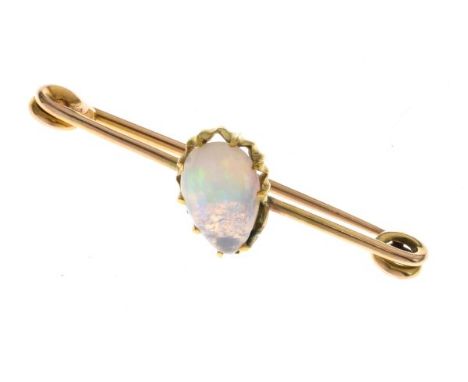 Single stone opal bar brooch, 4.5cm long   Condition: The unmarked brooch with a claw missing from the setting, the pear shap