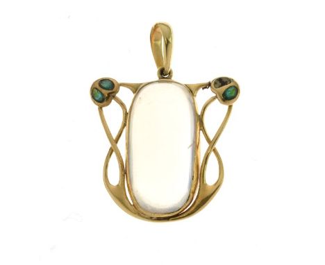 Gold moonstone and enamel pendant, unmarked but probably for Liberty &amp; Co, the cabochon 2.1cm long, the sinuous frame wit