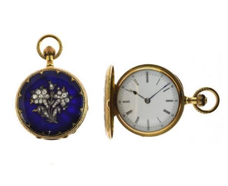 Lady's yellow metal and enamel fob watch, white Roman dial, anonymous top wind movement, inner door engraved 'Examined by E.L