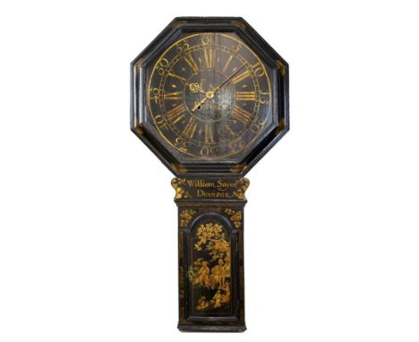 Rare mid 18th Century black-lacquered chinoiserie tavern clock, William Sayer, Devizes, the 21" dial with gilt Roman hours an