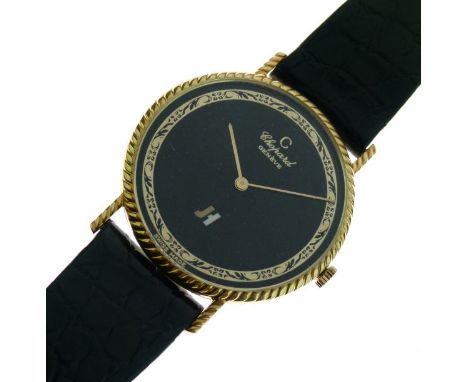 Chopard for Kutchinsky, - Lady's 18K gold cased quartz wristwatch, signed black dial with gilt hands, signed crown and snap-o