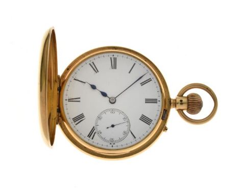 Munsey, Cambridge - 18ct gold half hunter pocket watch, white enamel dial, black Roman numerals, hands and subsidiary seconds