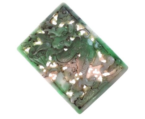 Small Chinese mottled green and white jade rectangular panel, having carved and pierced decoration depicting a dragon amongst
