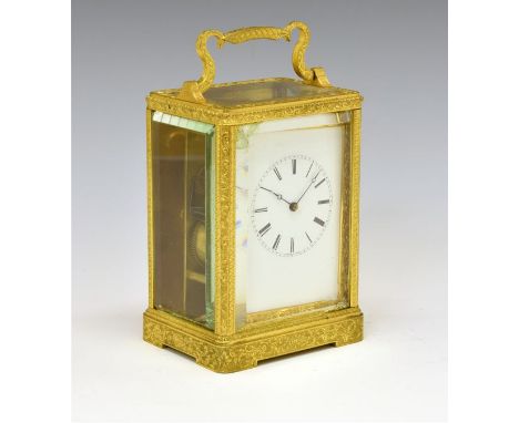 Mid 19th Century French brass-cased carriage clock circa 1845, the white Roman dial with Breguet moon hands, the two-train be