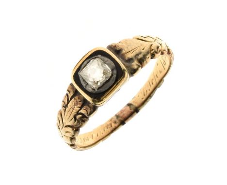 Late George IV diamond set mourning ring, inscribed for 1828, the old mine cut diamond of approximately 0.2 carats in a black