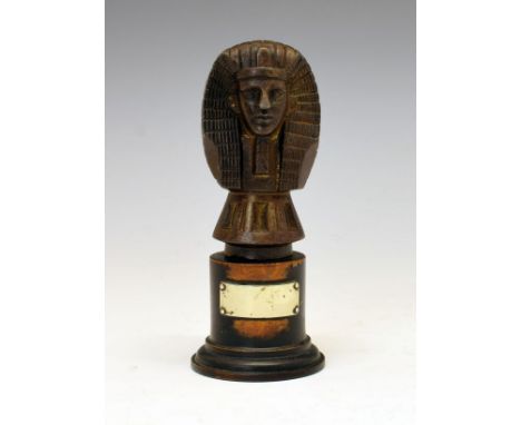 1920's Egyptian-style car mascot, modelled as the head of a Sphinx or Pharaoh, on integral flared socle, possibly from an Arm