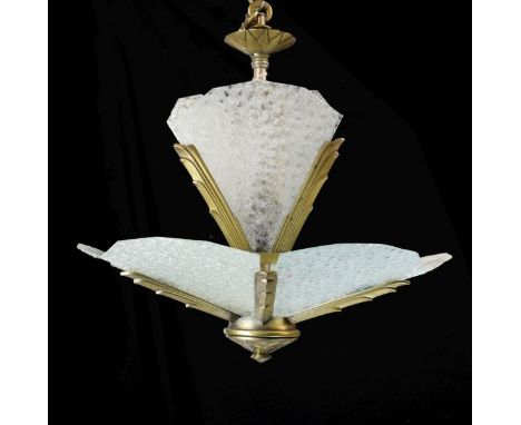 Art Deco style brass and pressed glass ceiling light, the stem of three fan-shaped panels enclosing single socket, over confo