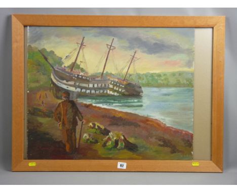 ROWENA WYN oil on board - HMS Conway on the Straits in its beached distressed state and man with stick on a path, signed, 49 
