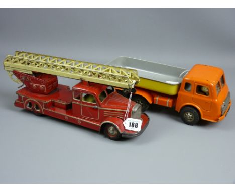 A pre-war tinplate fire engine with wind-up extending ladder, marked 'Germany', 39 cms long (clockwork mechanism missing) and