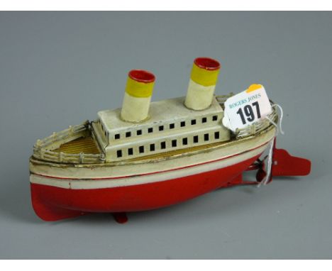 A two funnel tinplate clockwork liner by Bing of Nuremberg, Germany, circa 1920, cream and grey painted top with red hull and