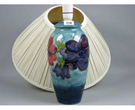 A Moorcroft Anemone table lamp and shade, graduated blue grey ground, impressed 'Moorcroft, Made in England' beneath (glaze c