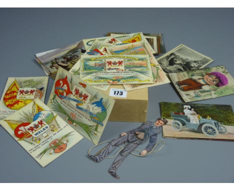 A box of mixed vintage postcards including Mae Hen Wlad Fy Nhadau (Welsh National Anthem) on seven colourful cards along with