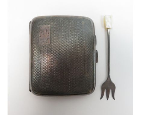 A silver cigarette case, 70 g (2.2 troy ozs) gross; with a small silver pickle fork with mother of pearl finial